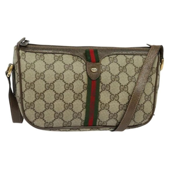 GUCCI GG Supreme Web Sherry Line Bag PVC Beige Gold Auth 128013 - Picture 1 of 16
